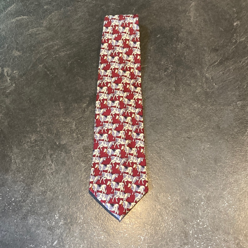 Museum Artifacts Silk maroon white gray cows tie